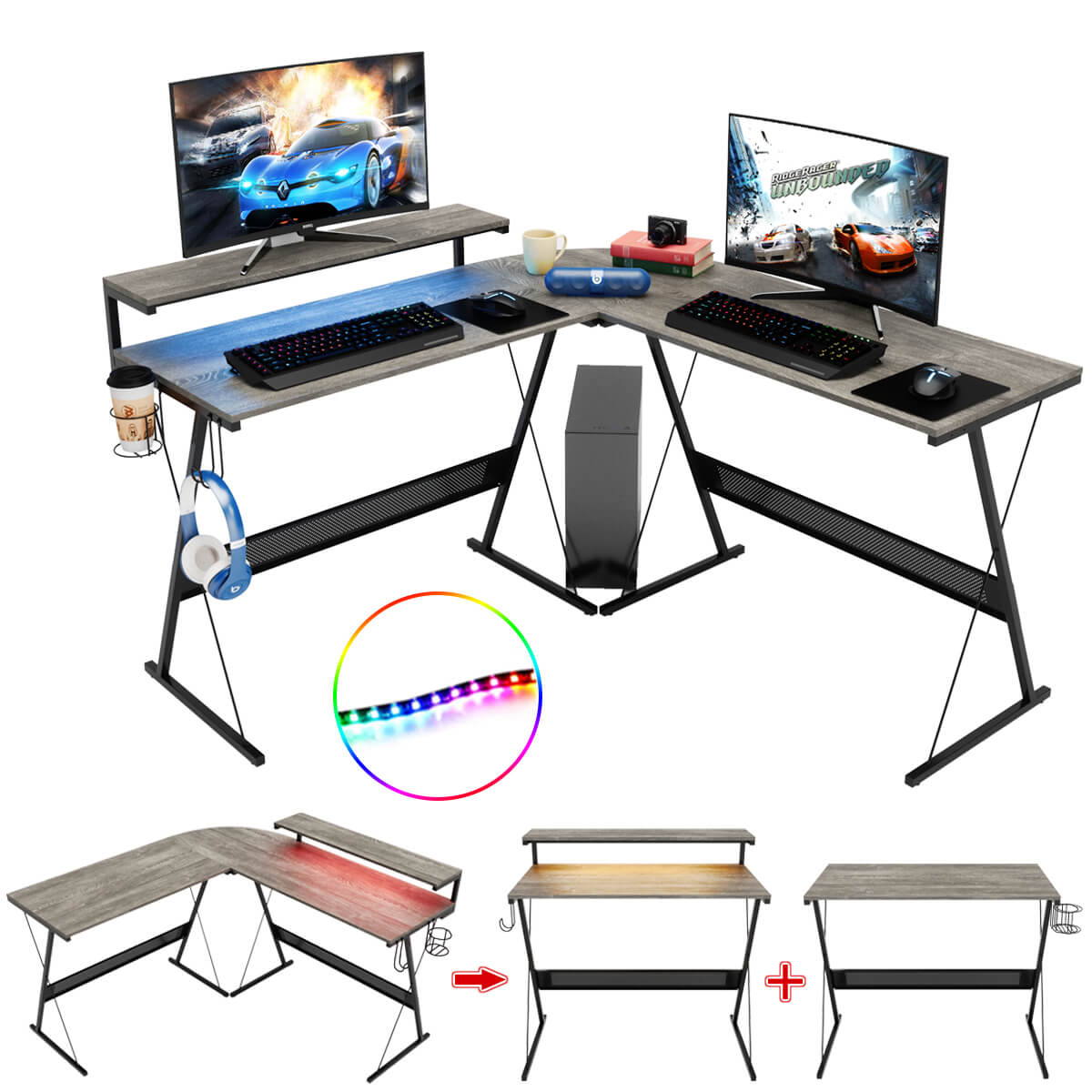 L Shaped Gaming Desk with LED Lights